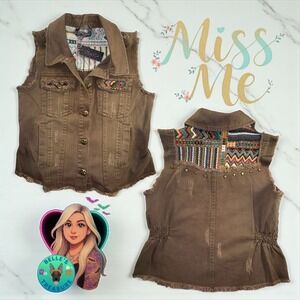 Miss Me Western Vest Women's Small Green Gold Button Down‎ Boho Festival Cowgirl